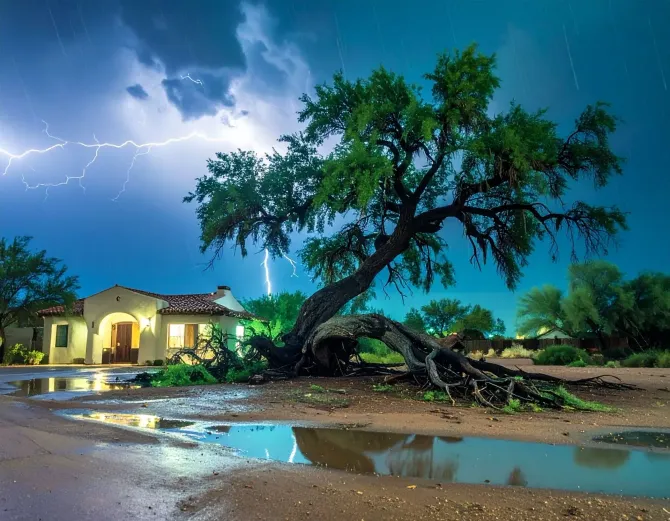 Thunderstorm over a flooded house and tree, with lightning reflecting in a puddle at dusk.