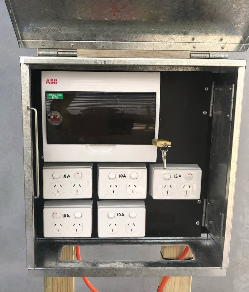 Metal electrical box with power outlets and circuit breakers — One Group Industries Pty Ltd in Bathurst, NSW