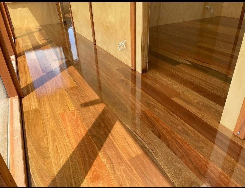 Sunlit hallway with glossy wooden floors and glass doors reflecting light and shadows — Finer Floors In Cambridge, TAS