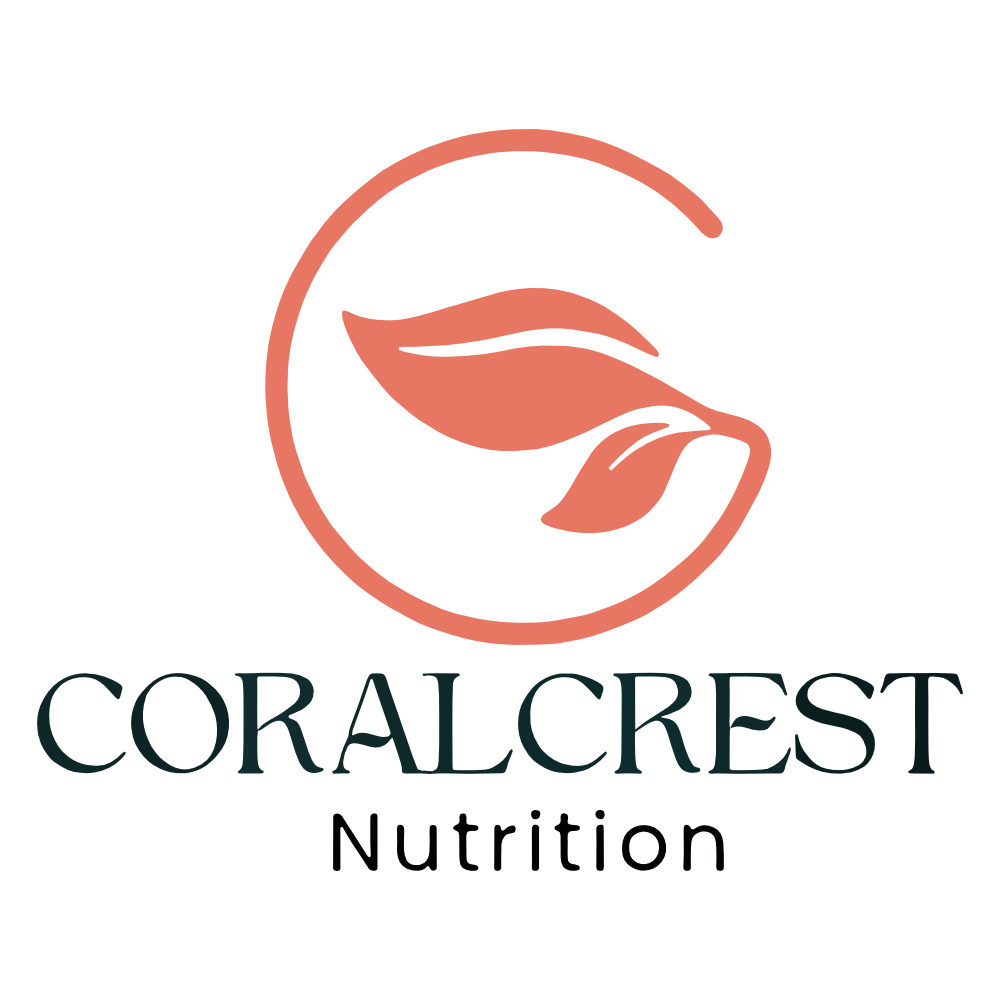 Coralcrest Nutrition logo: coral leaves inside a coral circle, with text beneath.