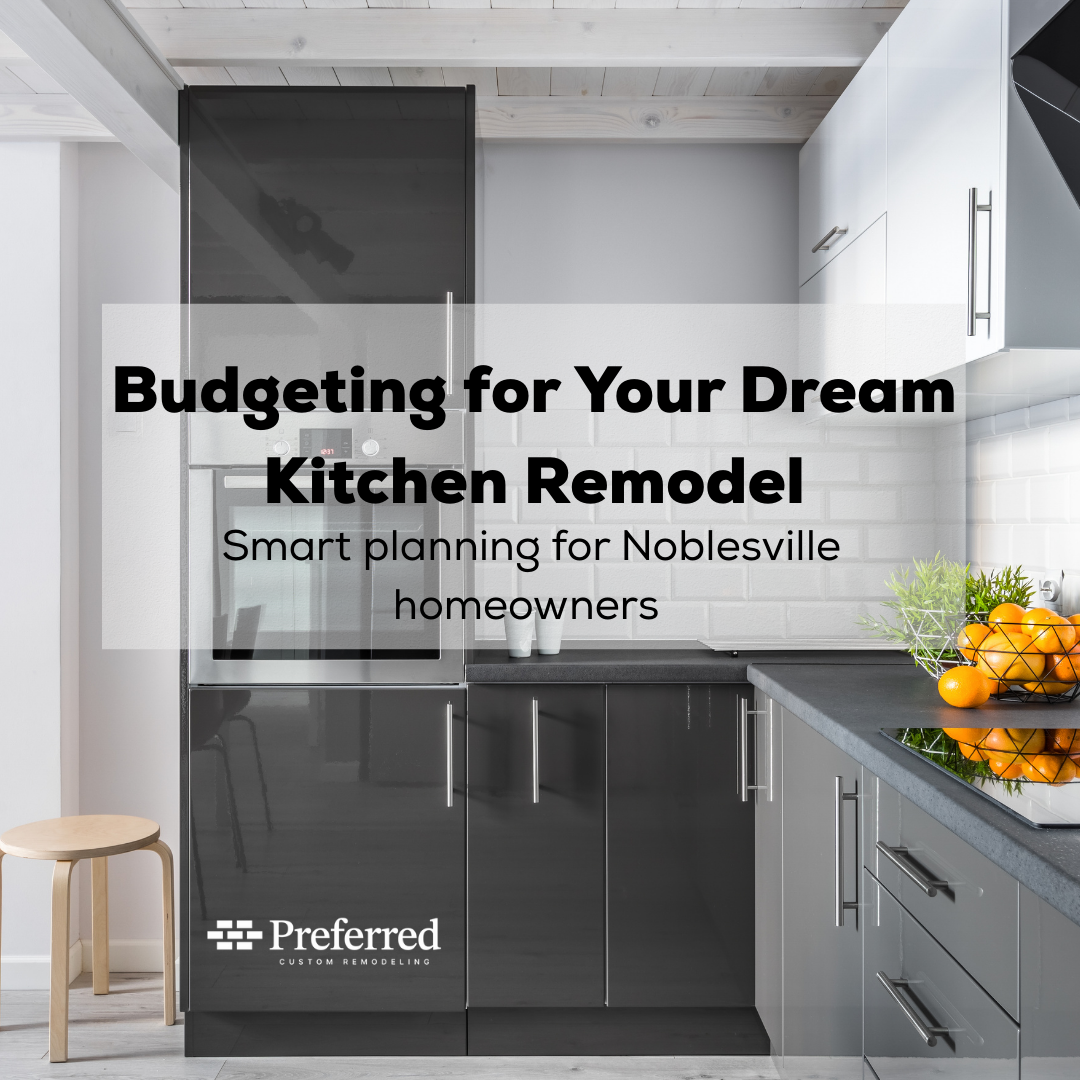 Modern kitchen remodel ad; glossy dark gray and white cabinets, text overlay: 