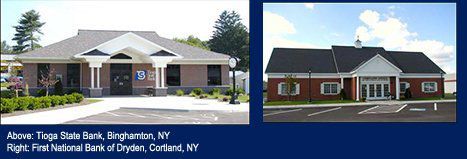 Two pictures of a brick building with a black roof.