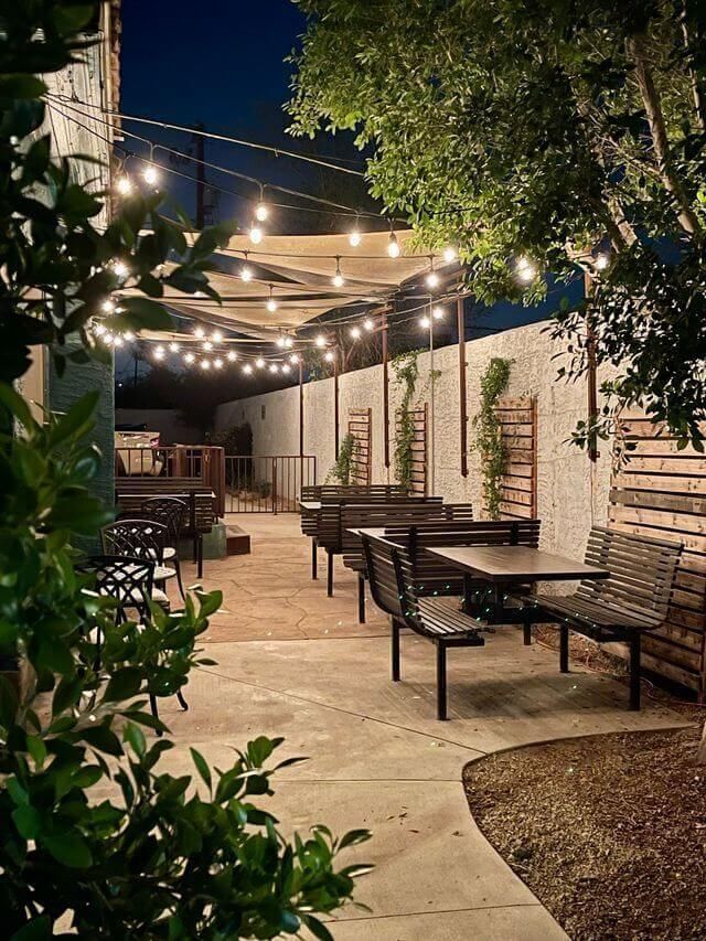 Patio lights and seating at Dahlia Tapas Tequila and Wine