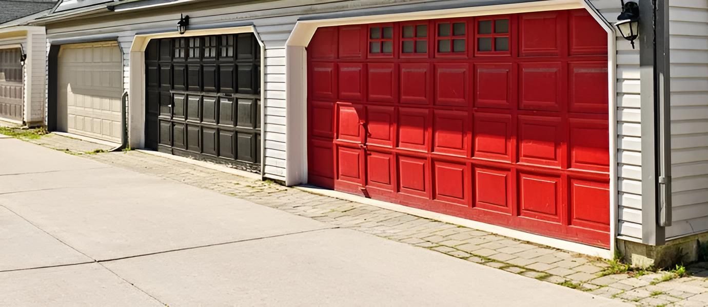 Three garage doors, one tan, one black, and one red, in a row.