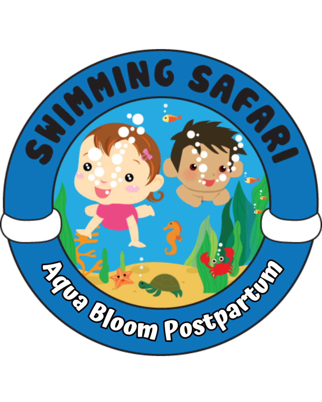 A logo for swimming safari aqua bloom postpartum