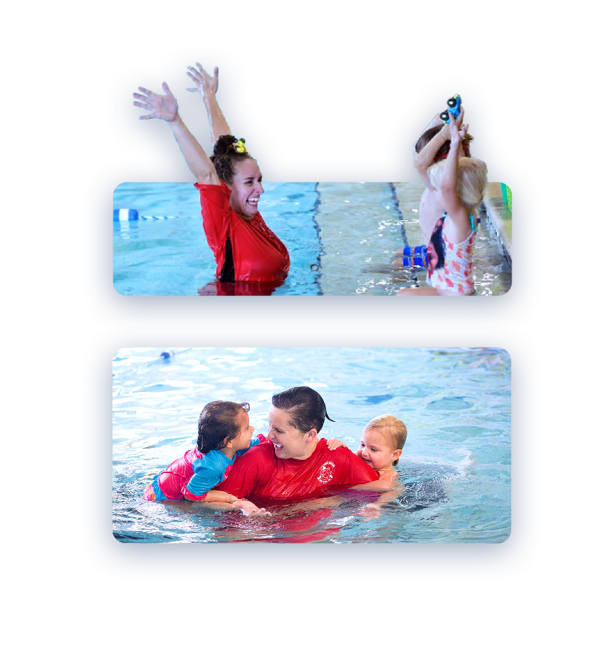 A woman and two children are playing in a swimming pool.