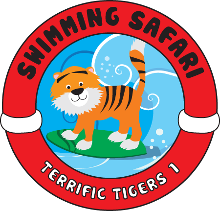 A swimming safari logo with a tiger on a surfboard