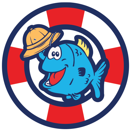 A blue fish wearing a yellow hat in a circle