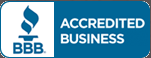 BBB Accredited Business logo. White and blue. Features a torch and text