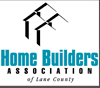 Logo: Home Builders Association of Lane County. Two stylized house roofs in black, teal text.