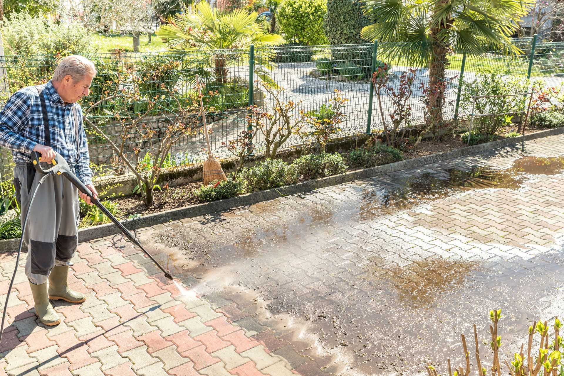 A man is using a high pressure washer to clean a brick driveway.