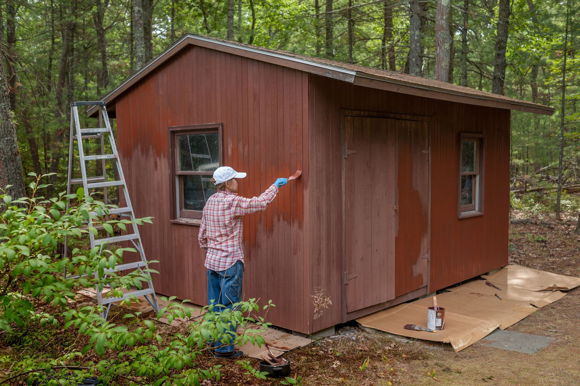 A man is painting a wooden shed in the woods.