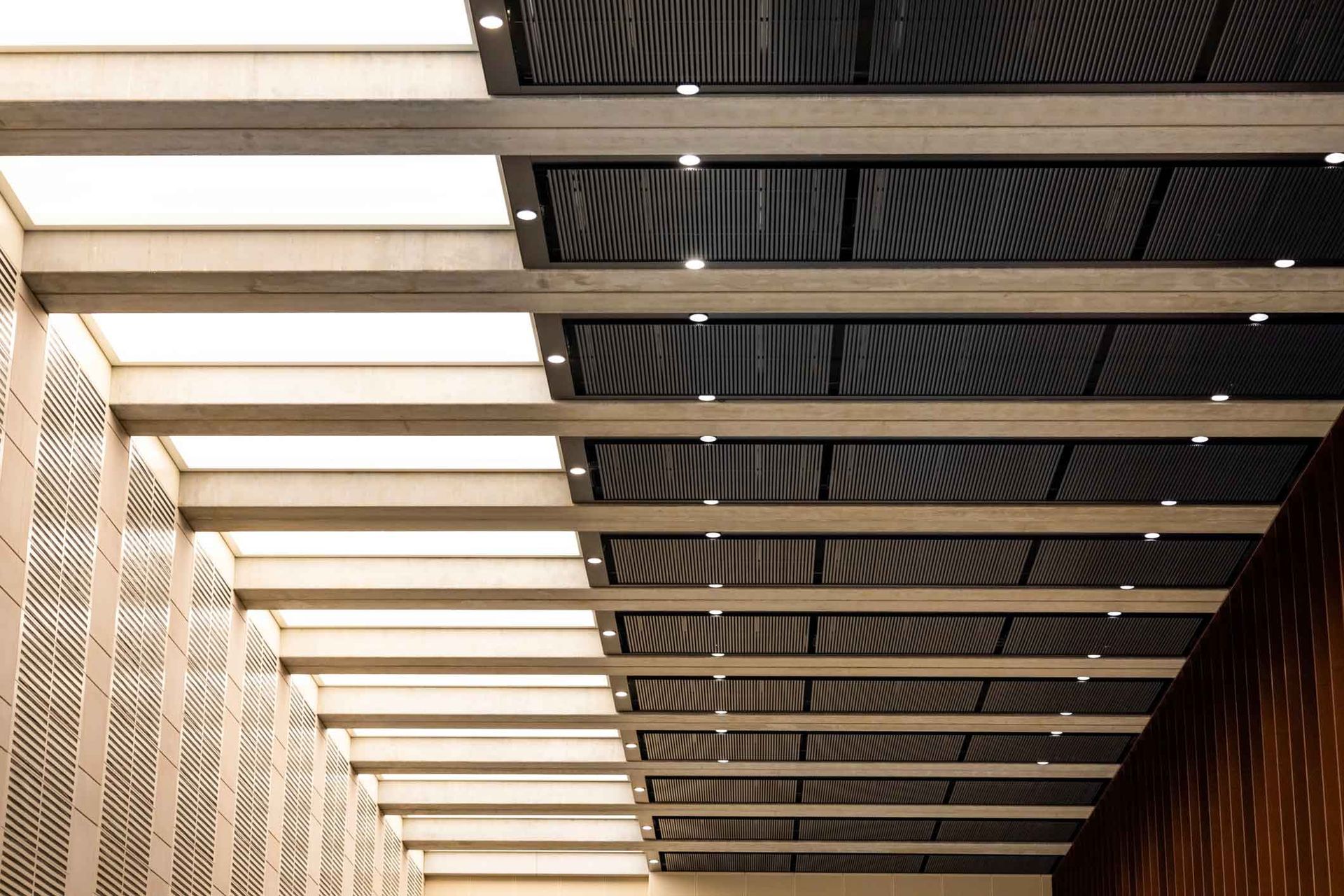 The ceiling of a building with a lot of lights on it.
