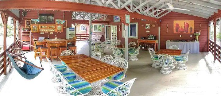 A large room with tables and chairs and a hammock hanging from the ceiling.