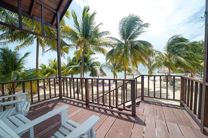 A balcony with a view of the ocean and palm trees