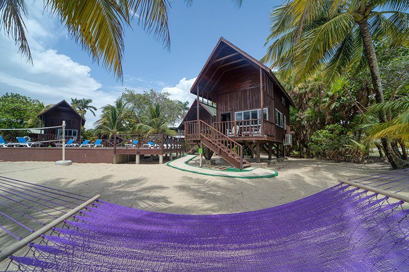 A purple hammock is sitting in front of a wooden house on a beach.