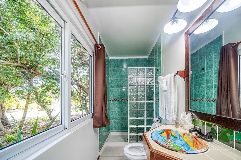 A bathroom with a toilet , sink , and shower.