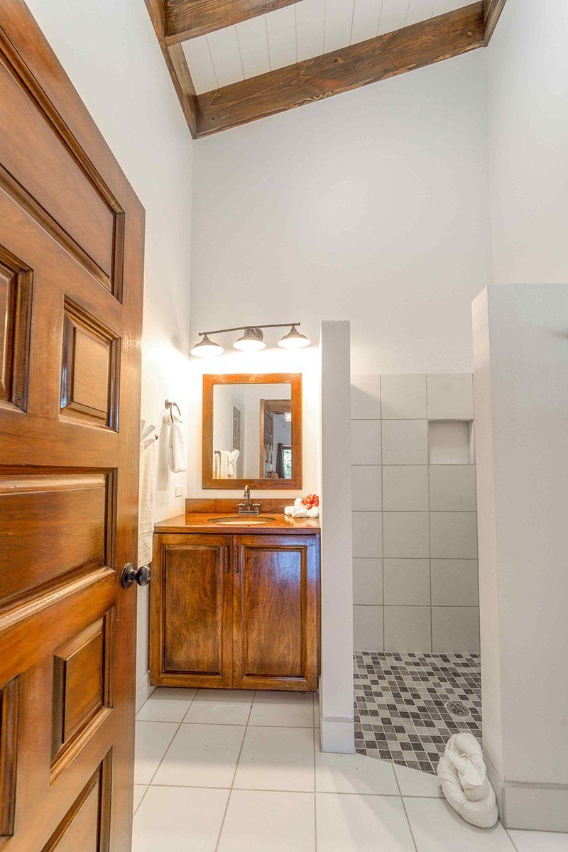 A bathroom with a sink , mirror , and walk in shower.