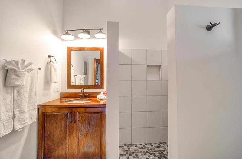 A bathroom with a sink , mirror , and shower.