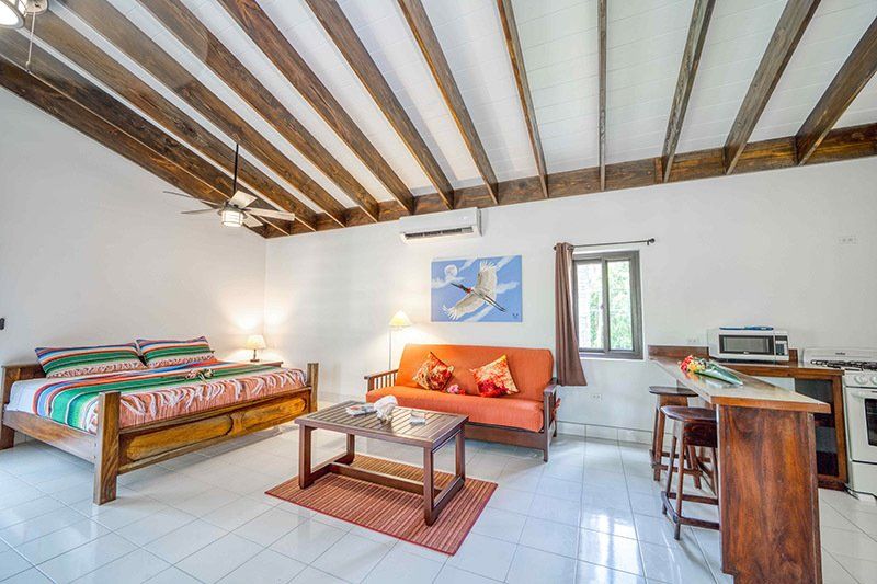 A living room with a couch , table , and bed.