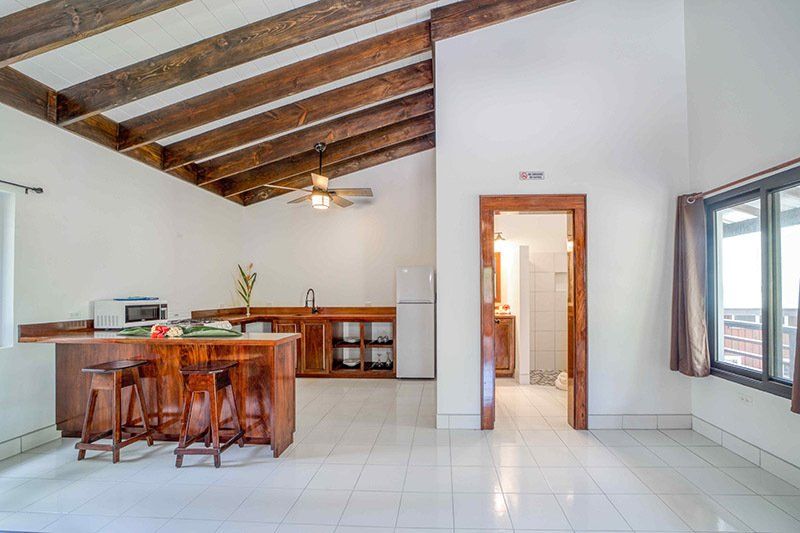 A living room with a kitchen and a ceiling fan.