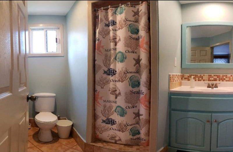 A bathroom with a toilet , sink , shower curtain and mirror.