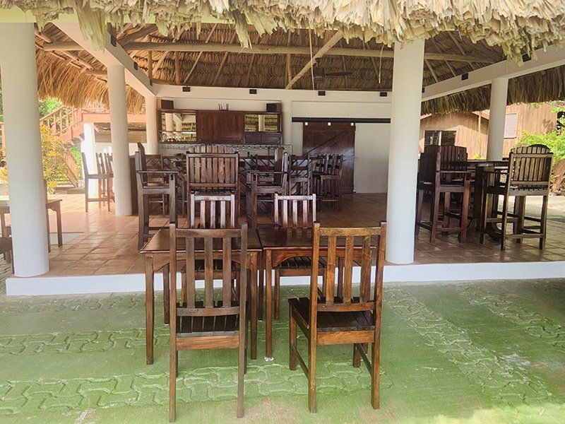 A restaurant with tables and chairs under a thatched roof.