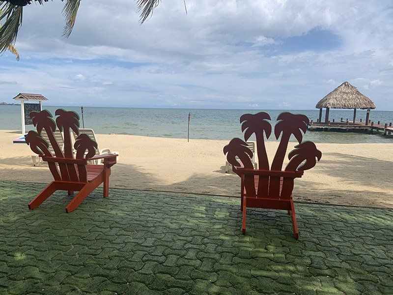 Two red chairs with palm trees on them are sitting on a beach.