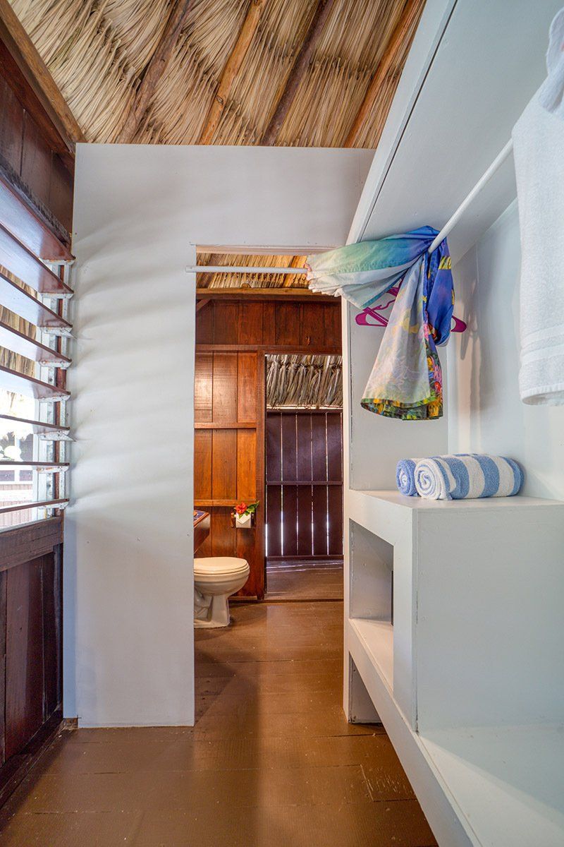 A bathroom with a toilet and a walk in closet.