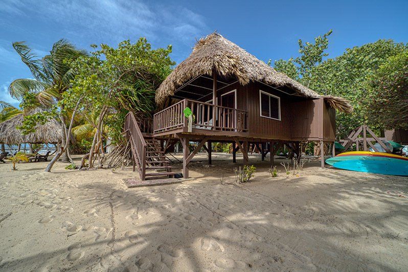 A small wooden house with a thatched roof is sitting on top of a sandy beach.