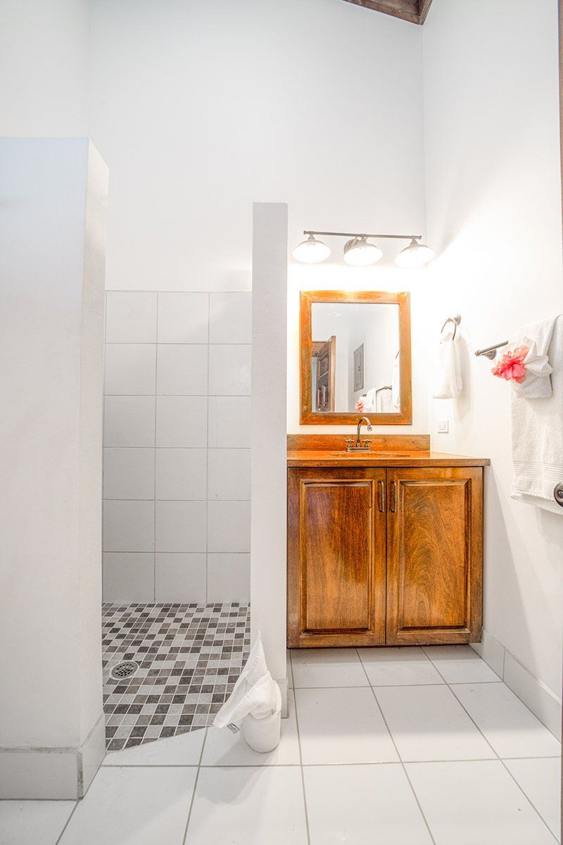 A bathroom with a sink , mirror , and walk in shower.