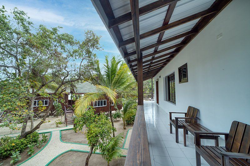 A balcony with chairs and tables overlooking a lush green garden.