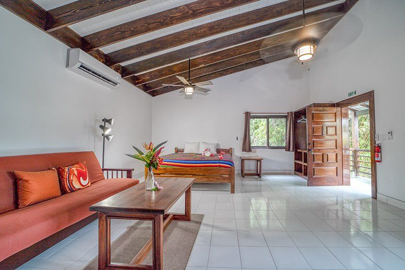 A living room with a couch , coffee table , and bed.