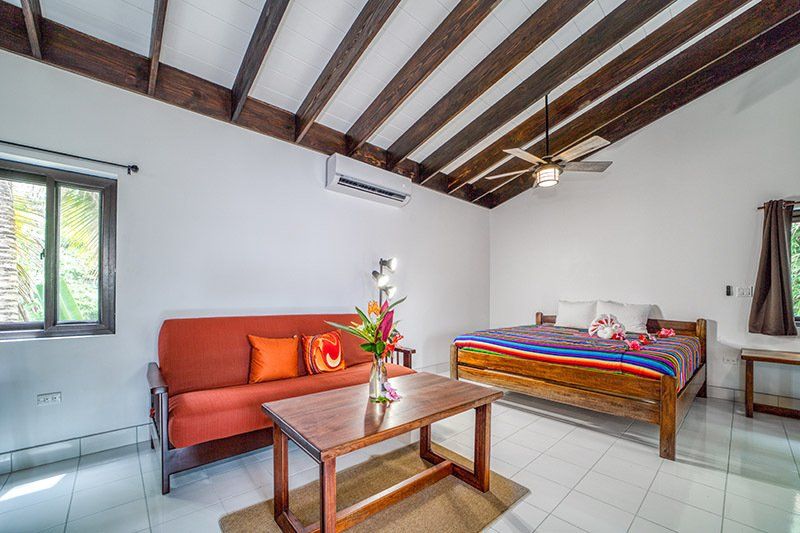 A living room with a couch , table , and bed.