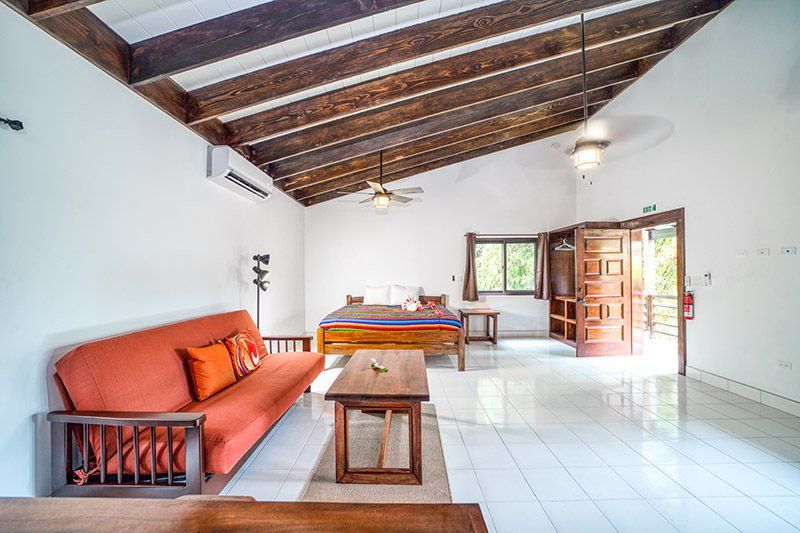 A living room with a couch , table , and bed.