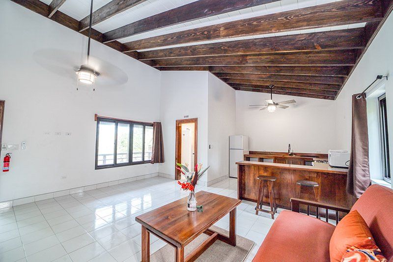 A living room with a couch , coffee table , and kitchen.