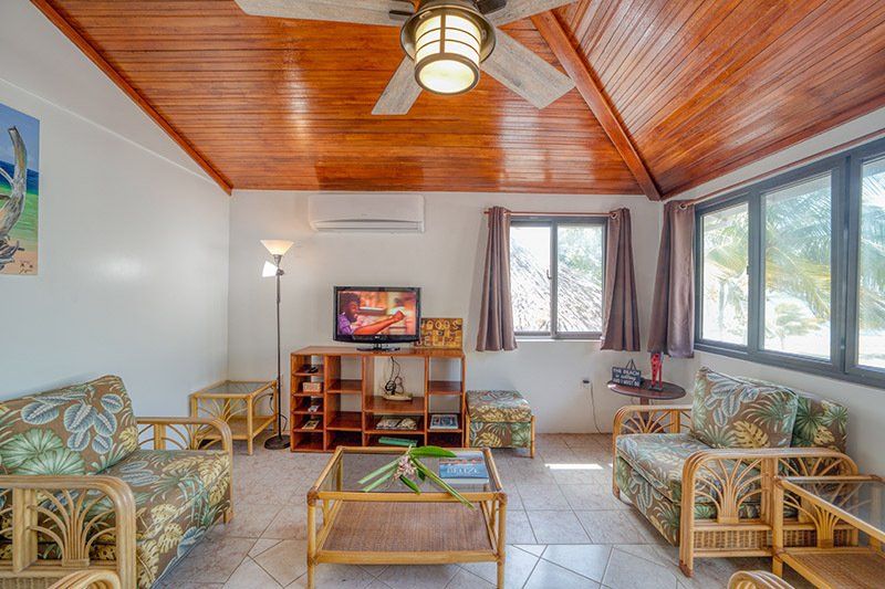A living room with a ceiling fan and a flat screen tv.
