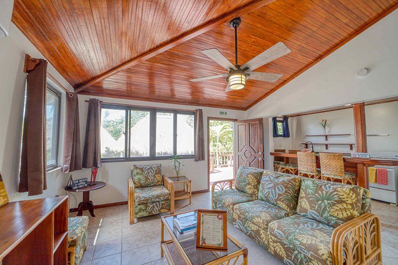 A living room with a couch , chairs , and a ceiling fan.