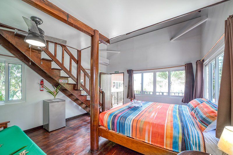 A bedroom with a bed , stairs and a ceiling fan.