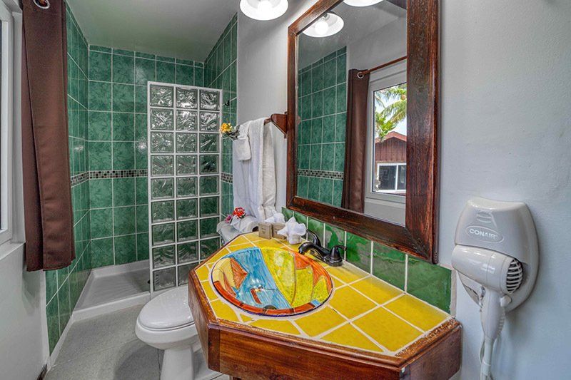 A bathroom with a sink , toilet , shower and mirror.