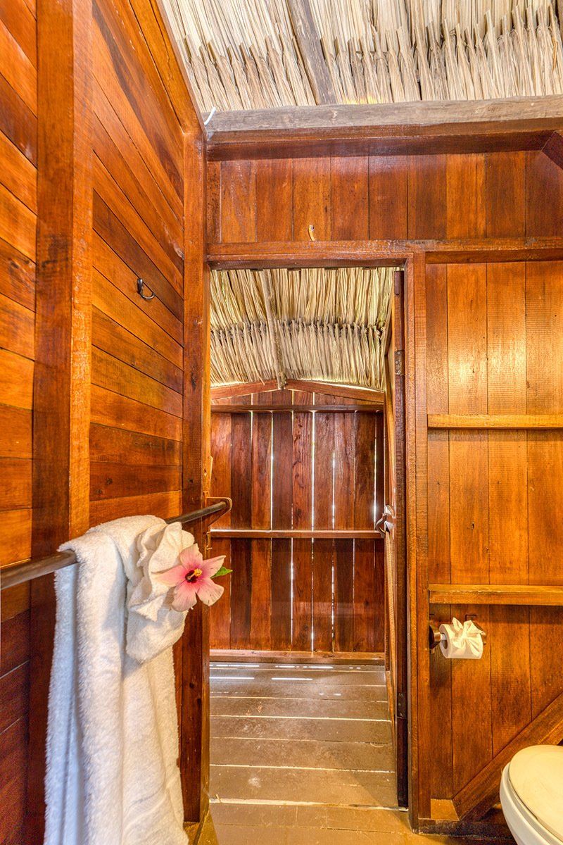 A bathroom with wooden walls and a toilet.