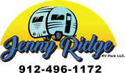 Jenny Ridge RV Park logo: Two stylized RVs in front of a yellow sun, blue script text.