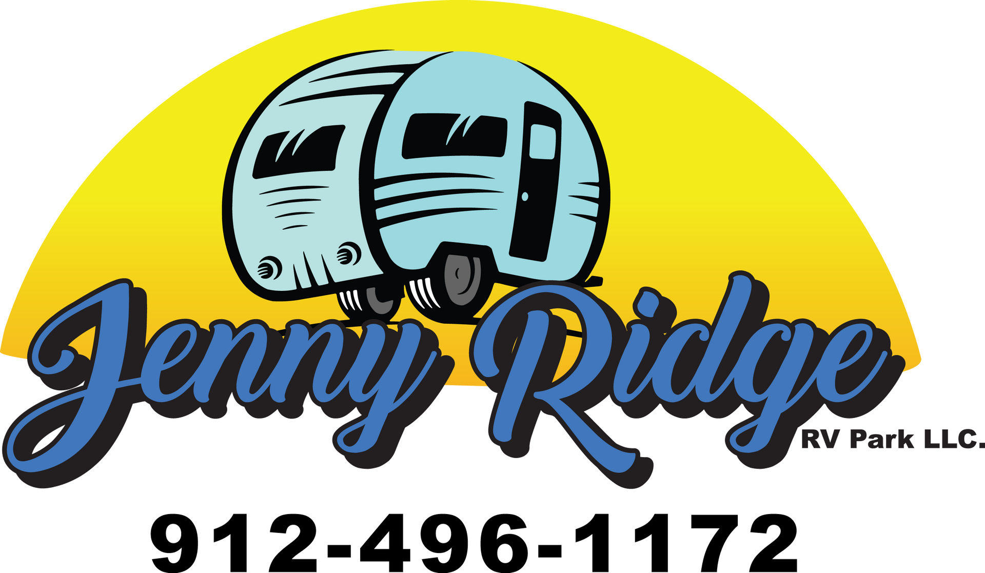 Jenny Ridge RV Park logo: Two stylized RVs in front of a yellow sun, blue script text.