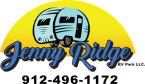 Jenny Ridge RV Park logo: Two stylized RVs in front of a yellow sun, blue script text.