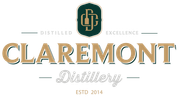 Claremont Distillery logo with a bottle and initials, "Distilled Excellence", gold and teal color scheme.