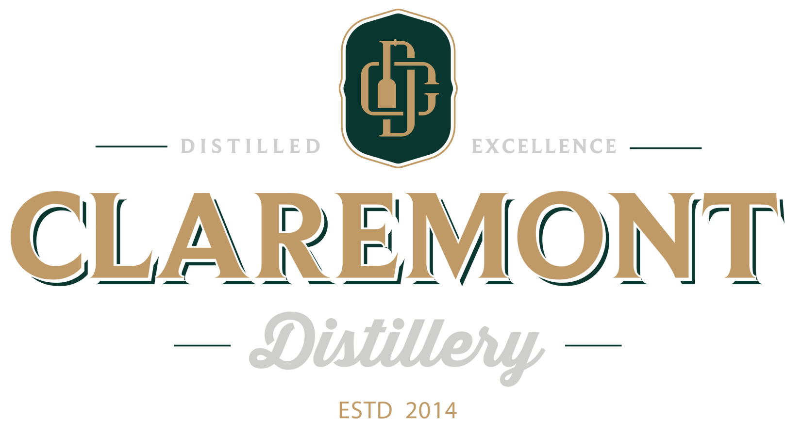 Claremont Distillery logo with a bottle and initials, "Distilled Excellence", gold and teal color scheme.