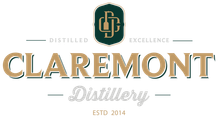 Claremont Distillery logo with a bottle and initials, "Distilled Excellence", gold and teal color scheme.