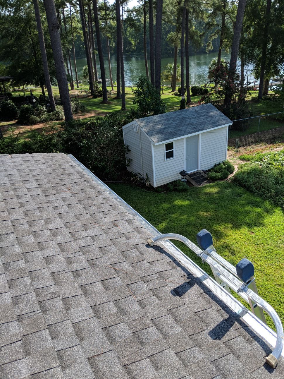 A high-angle view of a grey shingled roof with a ladder resting on the edge, overlooking a yard with a small shed and trees.