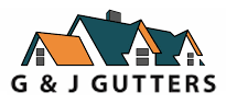 Logo for G & J Gutters featuring an illustration of a house roofline in teal and orange above the company name.