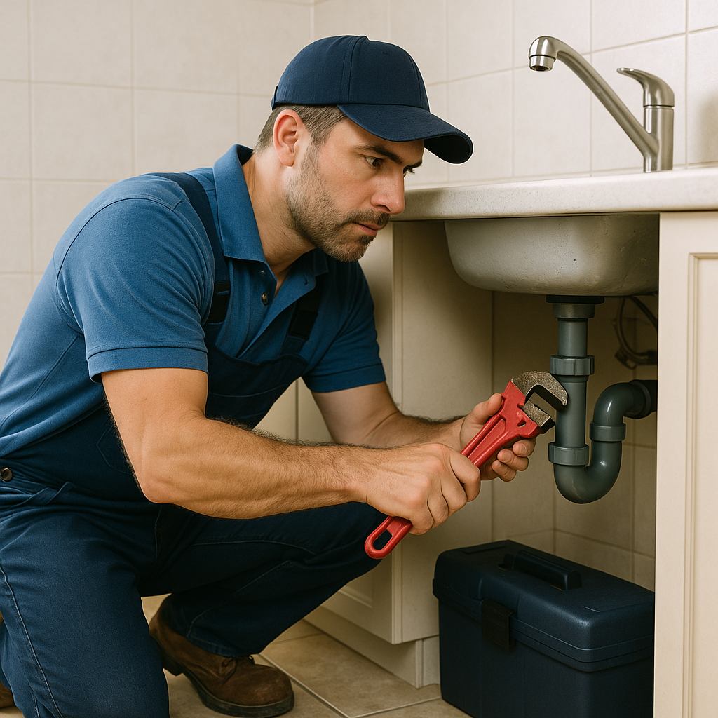 Plumber using a wrench to fix plumbing under a sink. Wearing gloves.